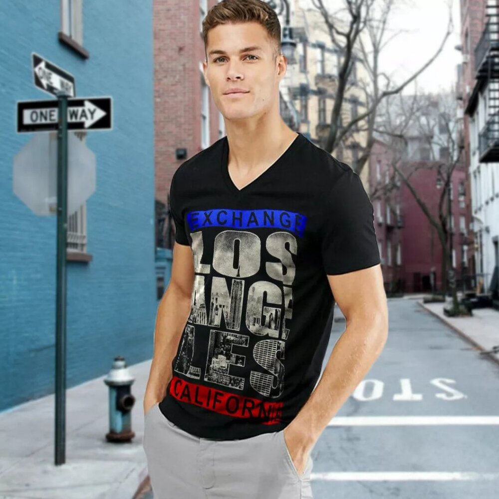 NWT EXCHANGE LOS ANGELES MEN'S BLACK V-NECK SHORT SLEEVE T-SHIRT SIZE S M L